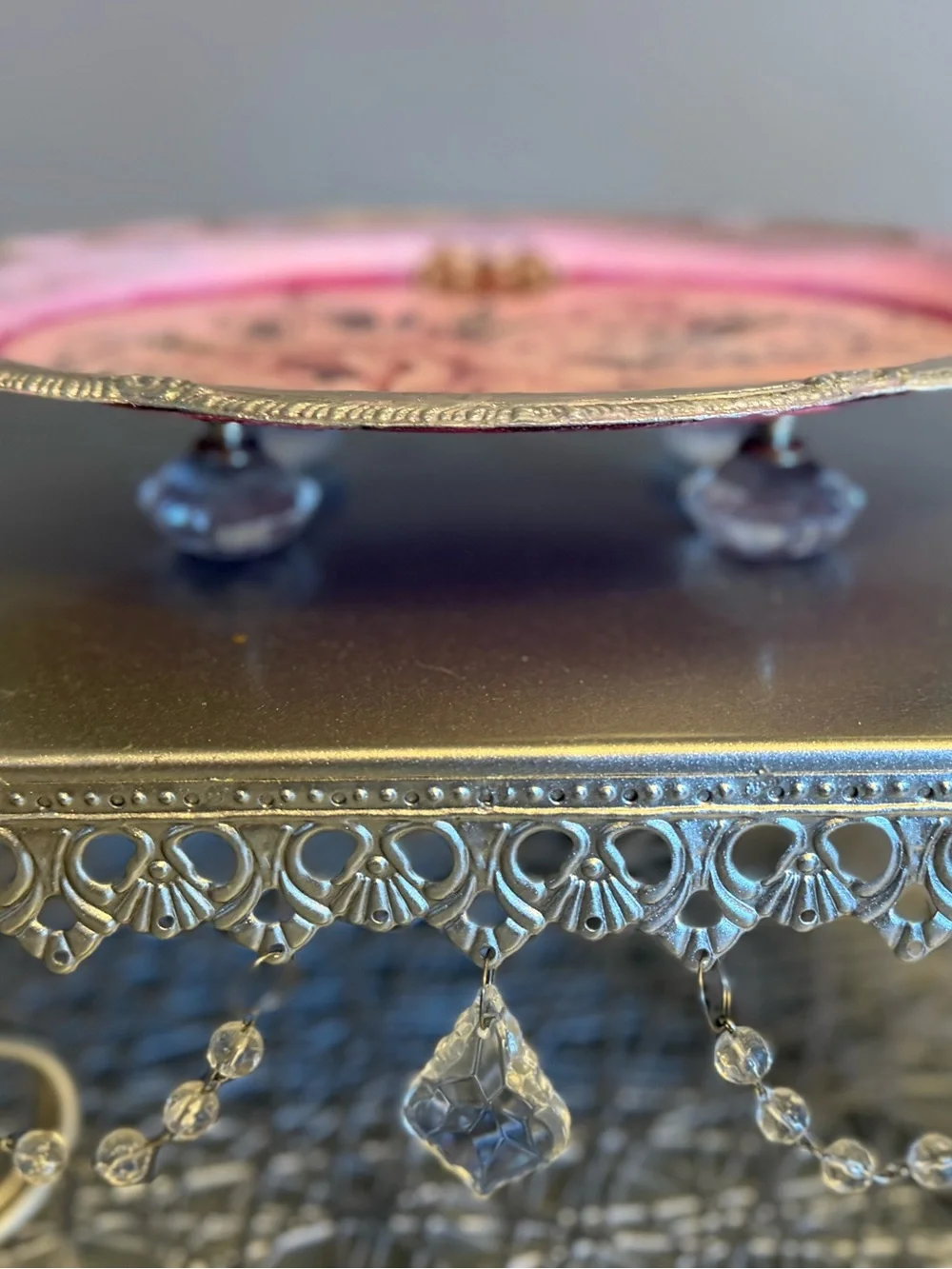 Pink Floral Oval Decorative Tray with Silver Border